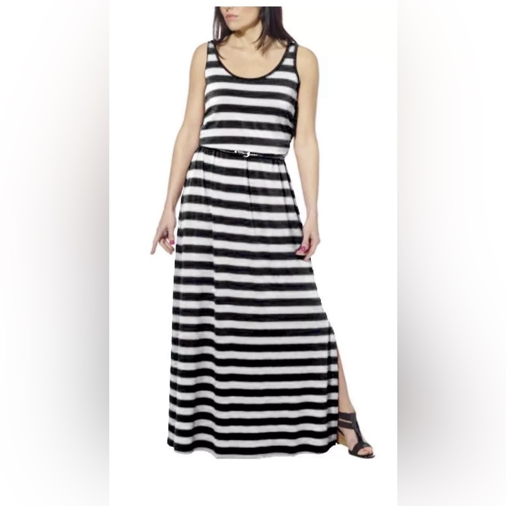 Nwt Womens Fever Long Maxi Striped Dress Black Gray Grey Belted L large summer